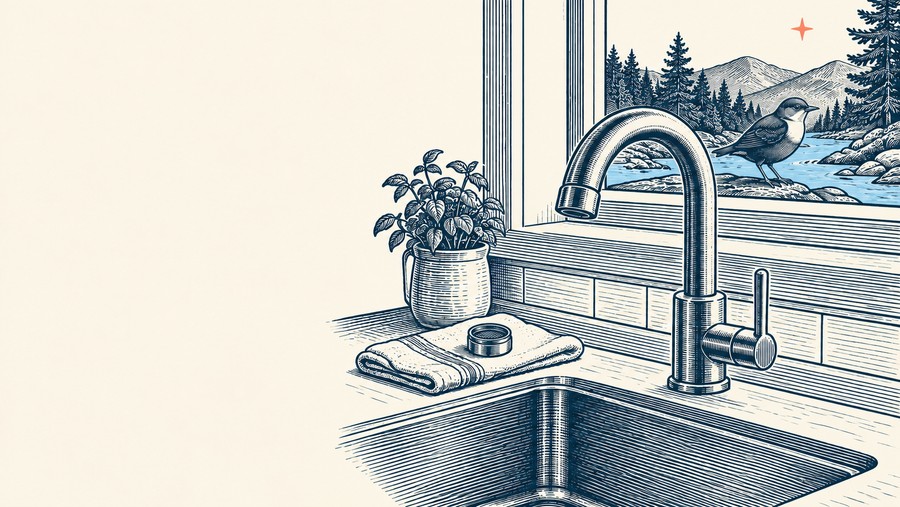 Woodcut illustration of a kitchen faucet with a detached aerator on a folded cloth and a bird outside the window