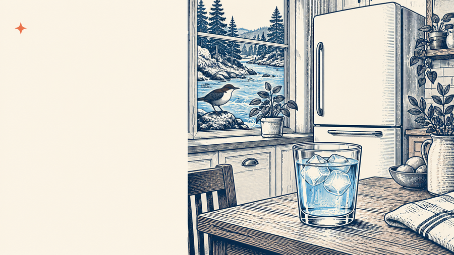 Woodcut illustration of an ice-water glass beside a refrigerator, with a dipper bird and river outside the window