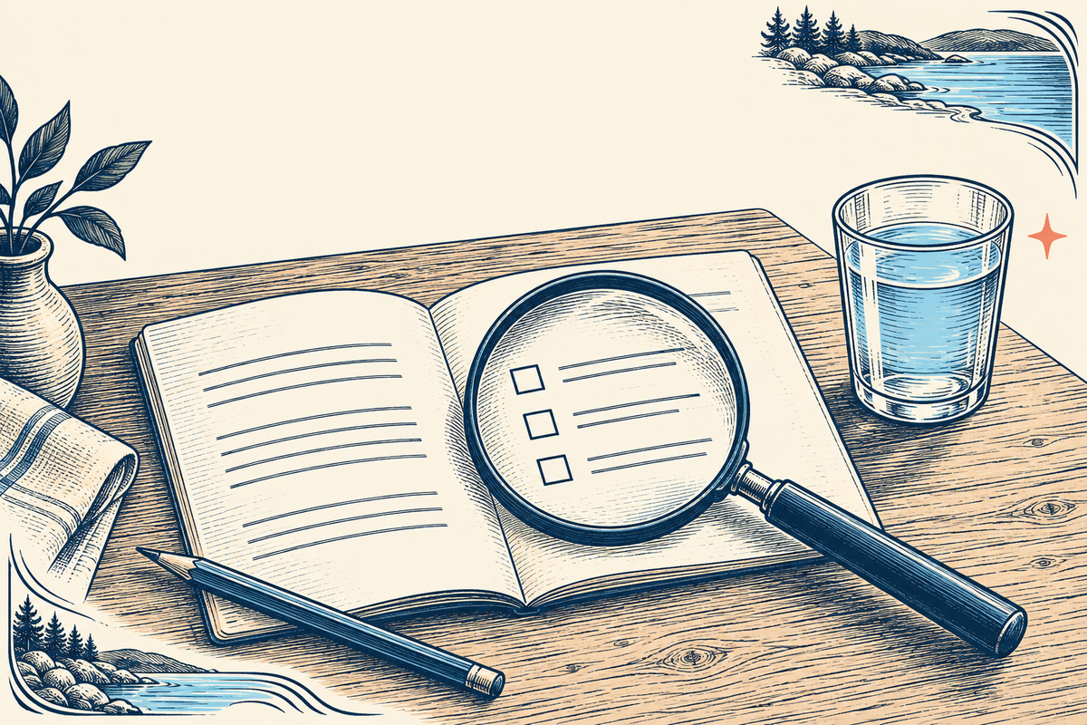 Engraved illustration of a magnifying glass over a checklist beside a glass of water.