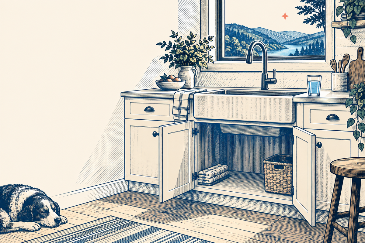 Woodcut illustration of a kitchen sink with an open cabinet, glass of water and river view
