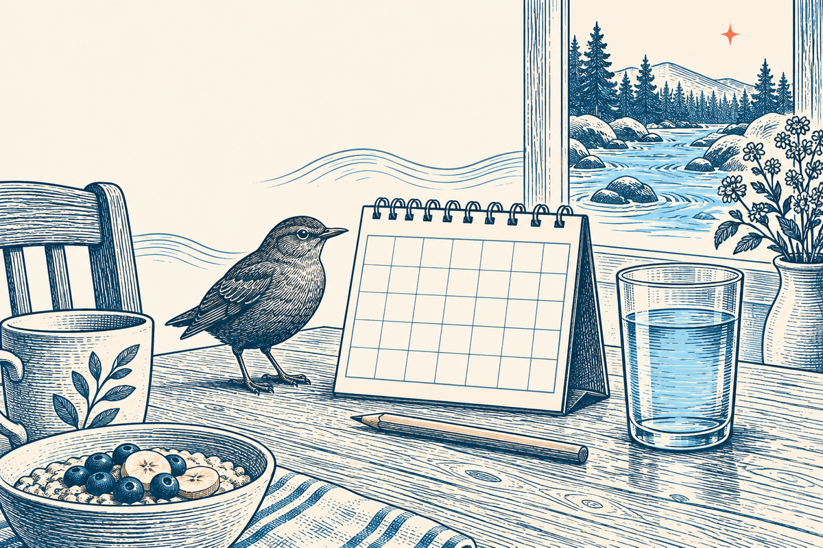 Engraved illustration of a desk calendar, dipper bird, and glass of water on a kitchen table.