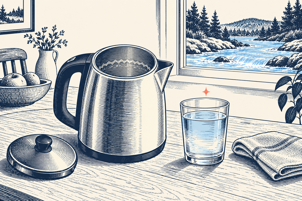 Woodcut illustration of an open kettle with a mineral ring, a glass of water, and a river beyond the window.