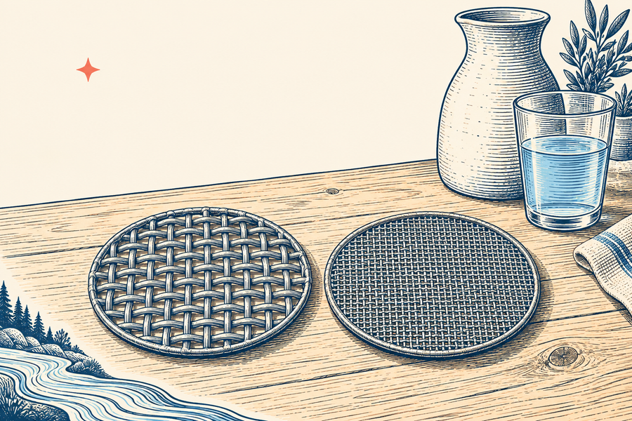 Engraved illustration of two woven mesh samples with different spacing beside a carafe and water glass.