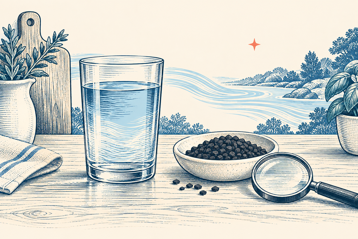 Engraved illustration of a glass of water beside a dish of carbon granules and a magnifying glass.