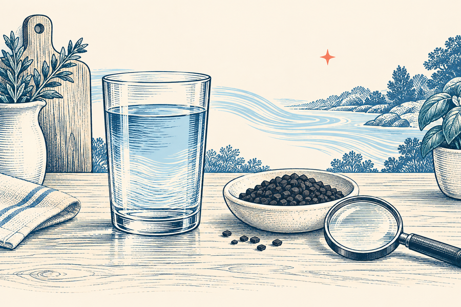 Engraved illustration of a glass of water beside a dish of carbon granules and a magnifying glass.