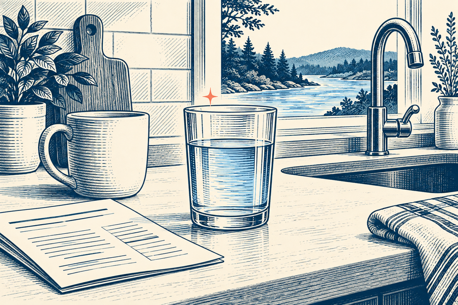 Engraved kitchen scene with a glass of water, ceramic mug, and water report beside a faucet.