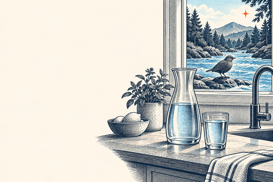 Woodcut illustration of a water carafe and glass on a kitchen counter, with a dipper bird beside a river outside
