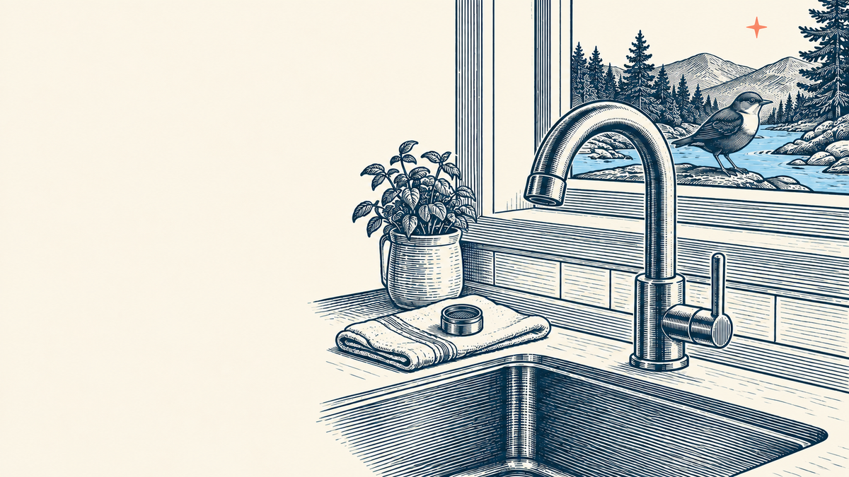 Woodcut illustration of a kitchen faucet with a detached aerator on a folded cloth and a bird outside the window