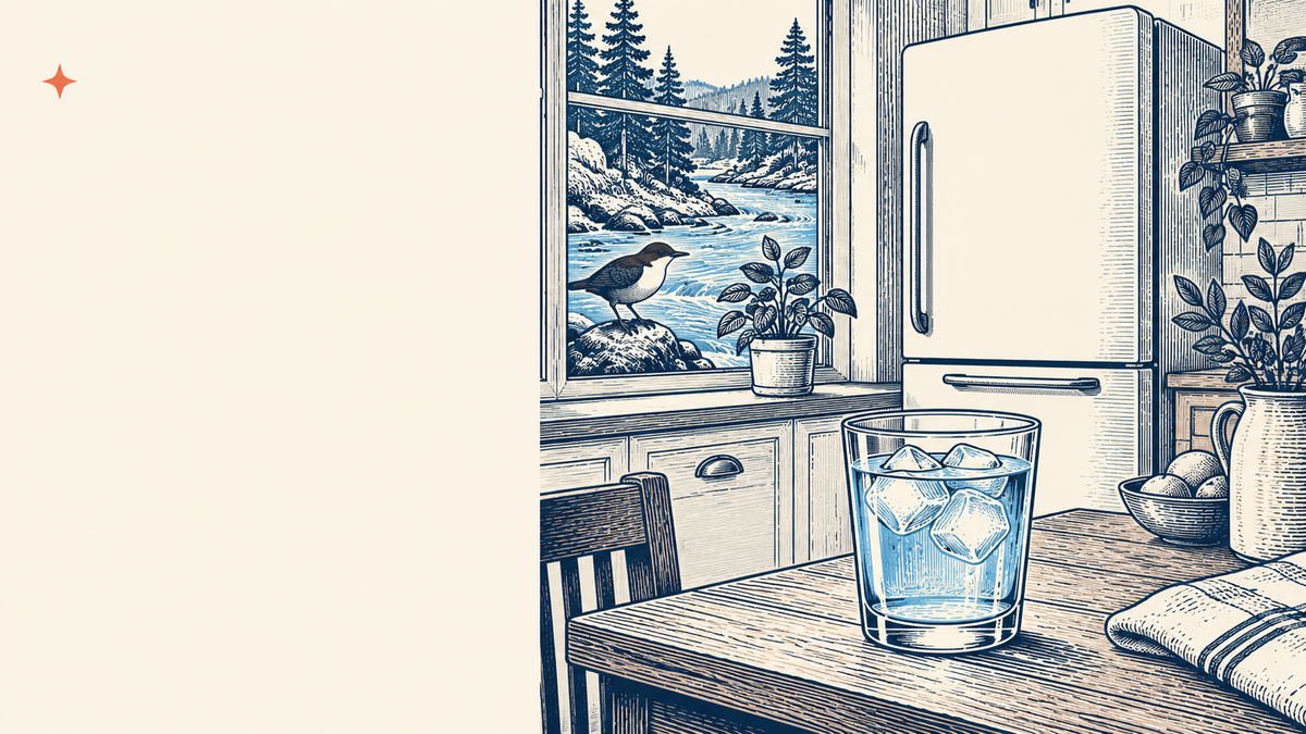 Woodcut illustration of an ice-water glass beside a refrigerator, with a dipper bird and river outside the window