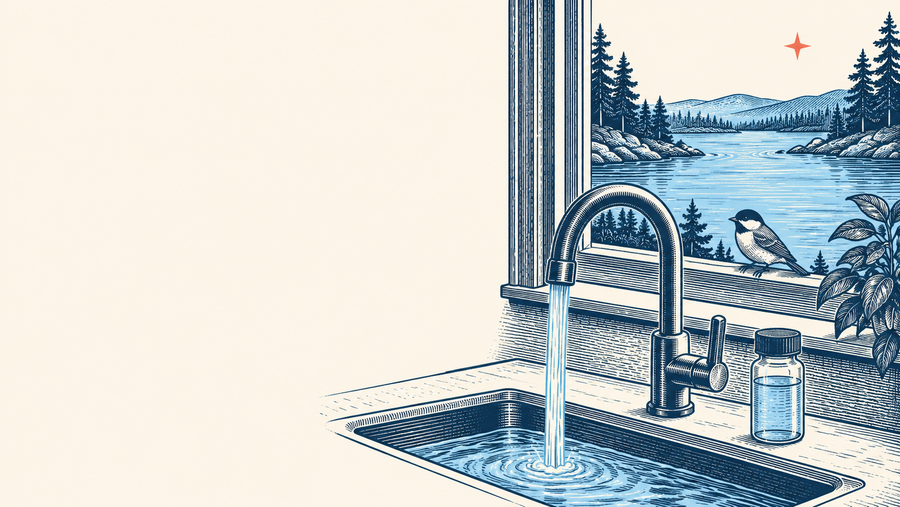 Woodcut illustration of a kitchen tap running beside a water sample bottle, with a dipper bird at the window