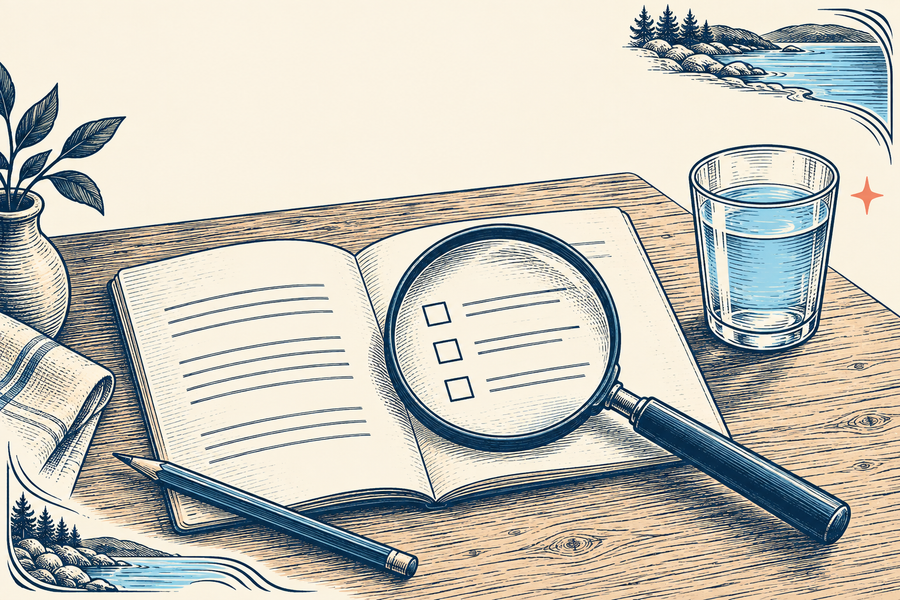 Engraved illustration of a magnifying glass over a checklist beside a glass of water.