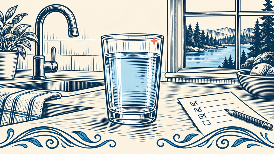 Engraved illustration of a glass of water beside a kitchen faucet and filter-shopping checklist, with a river beyond the window.