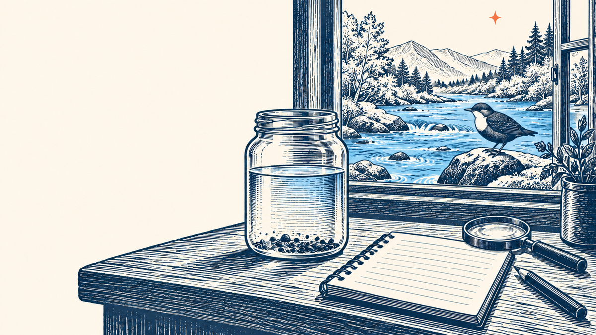 Woodcut illustration of a water sampling jar with settled grains, a magnifying glass and a dipper bird by a river