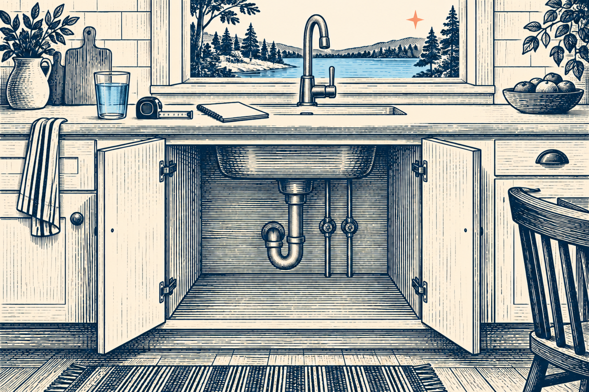 Woodcut illustration of an open kitchen sink cabinet, measuring tape, and notebook for planning an under-sink water system.