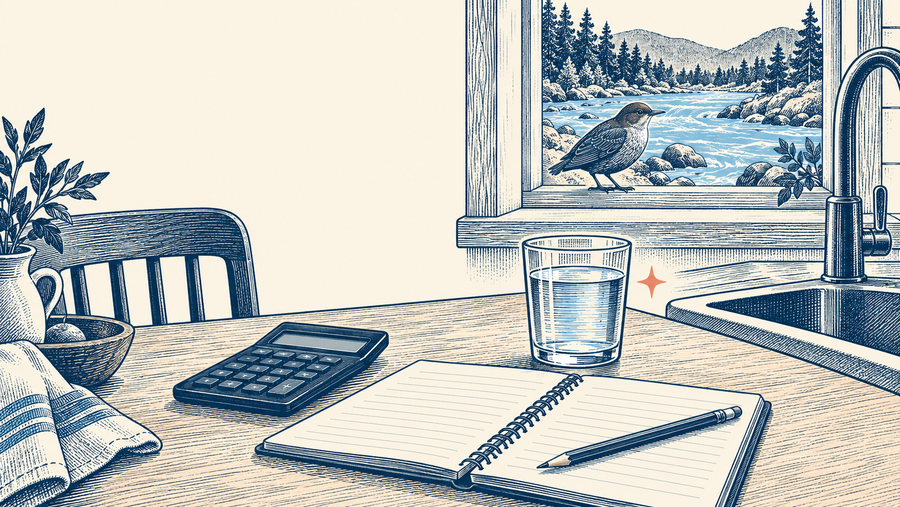 Engraved kitchen scene with a calculator, budget notebook, glass of water and dipper bird by a river-facing window