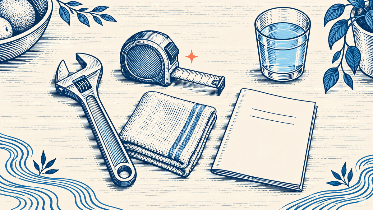 Engraved illustration of a wrench, measuring tape, cloth, instruction booklet, and water glass arranged for installation preparation.