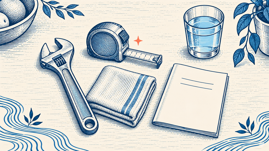 Engraved illustration of a wrench, measuring tape, cloth, instruction booklet, and water glass arranged for installation preparation.