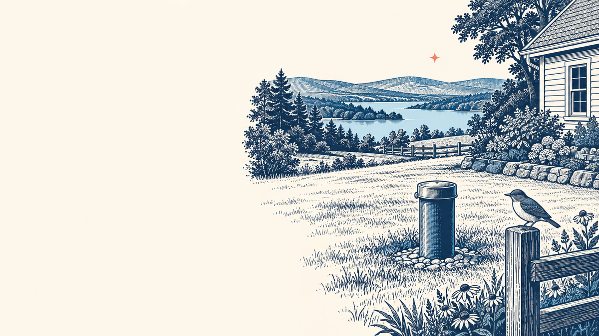 Riverbank Engraving illustration of a capped private well beside a rural home, with a bird on a fence post