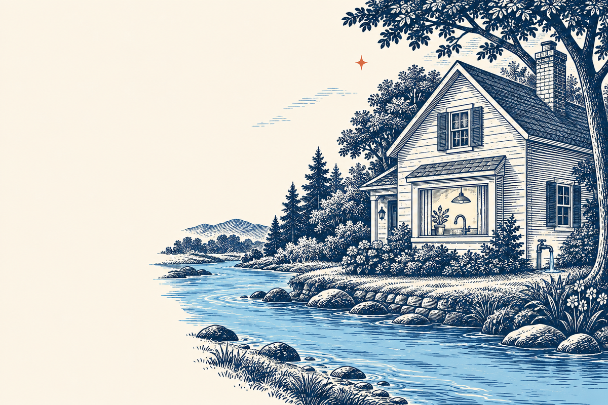 Woodcut illustration of a river beside a house with a visible kitchen sink and outdoor tap