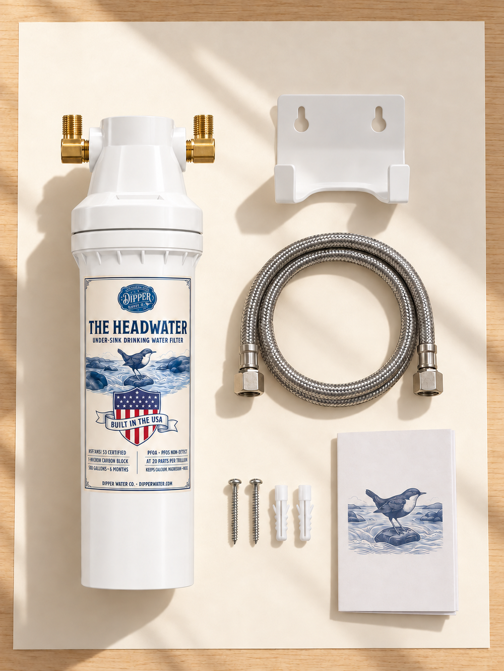 Everything included in the Headwater box laid out on a kitchen counter
