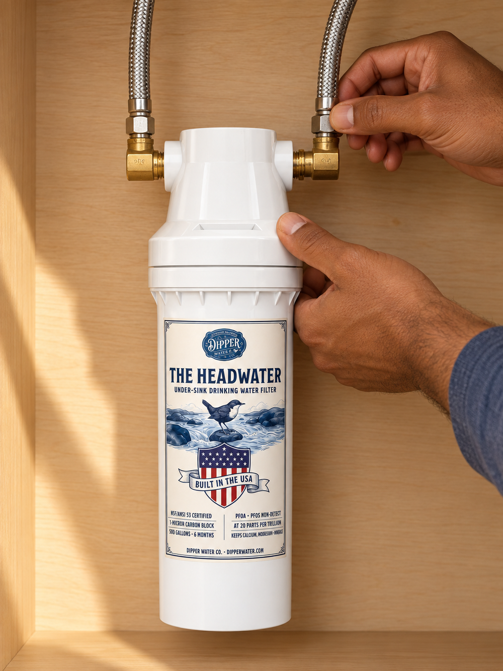 The Headwater installed under a kitchen sink with the three install steps called out