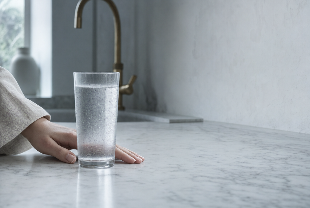 A glass of water at a sunlit kitchen tap