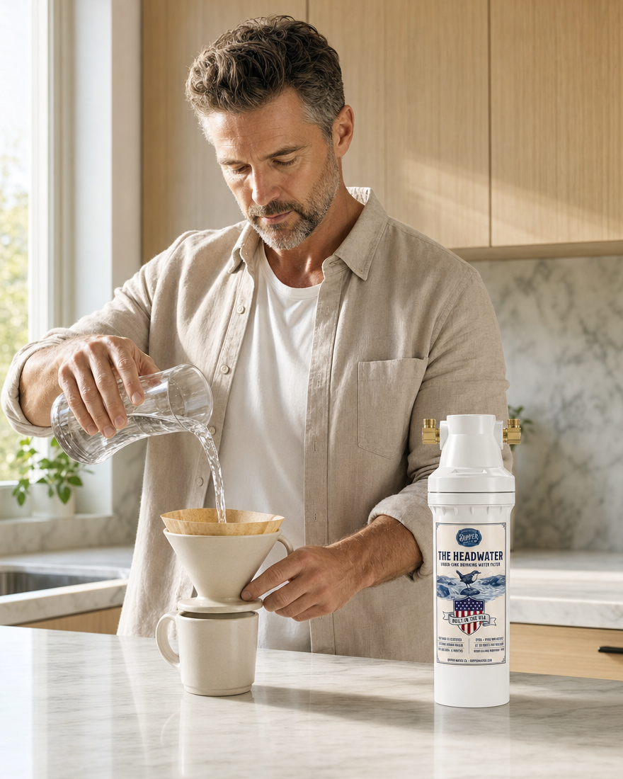Pouring water for coffee in a bright kitchen