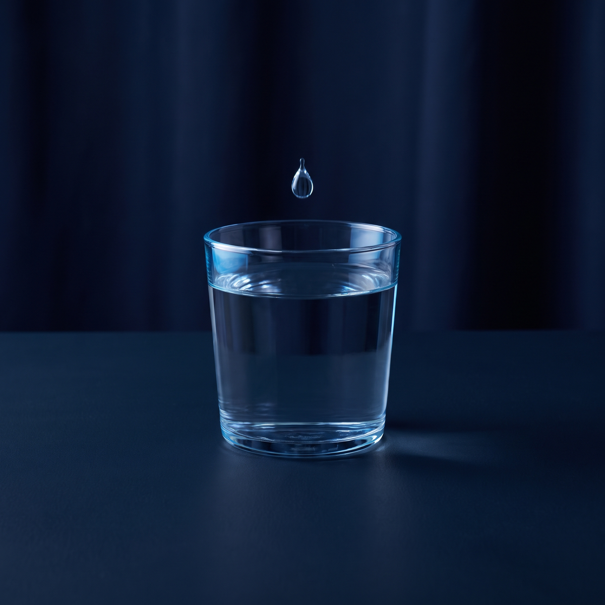 A drop of water falling into a glass on a deep blue surface