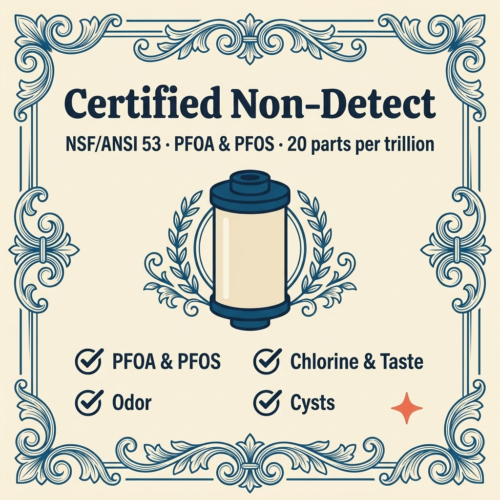 Certified non-detect: NSF/ANSI 53, PFOA and PFOS at 20 parts per trillion