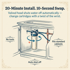 20-minute install, 10-second swap — valved head with auto shut-off