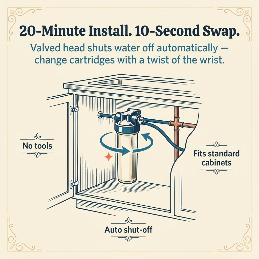 20-minute install, 10-second swap — valved head with auto shut-off