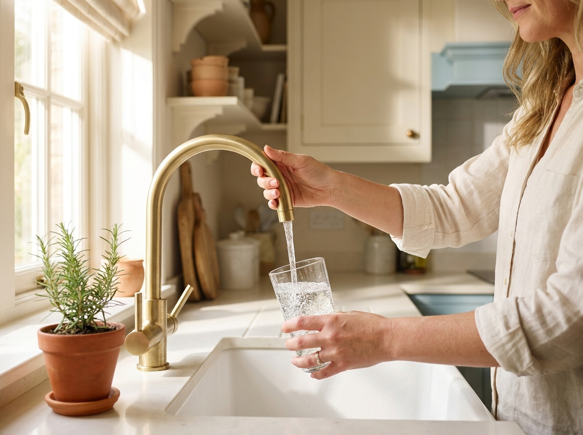 Filling a glass with clean, filtered water at the kitchen sink