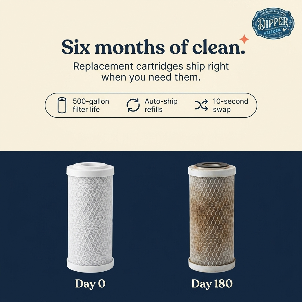 Six months of clean — 500-gallon filter life, auto-ship refills, 10-second swap
