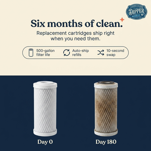 Six months of clean — 500-gallon filter life, auto-ship refills, 10-second swap